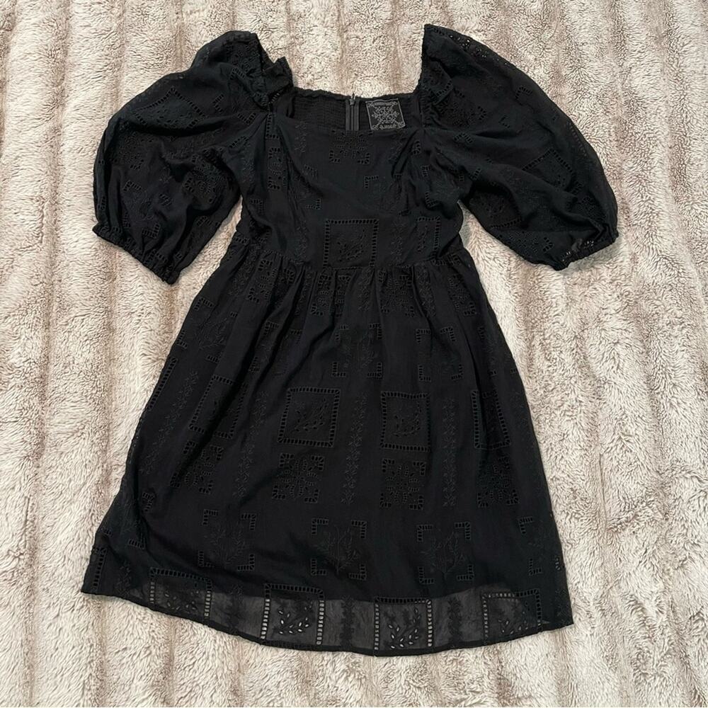 New Johnny Was Ella Black Embroidered Poof Sleeve Babydoll Dress - Picture 3 of 7
